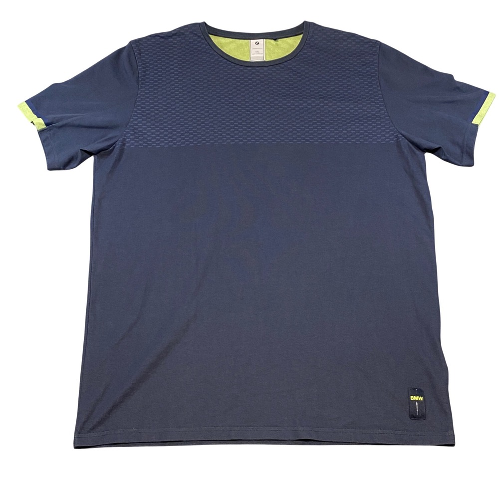BMW‎ Mens XXL Performance T-Shirt Navy Blue Lime Green Textured Short Sleeve Tee